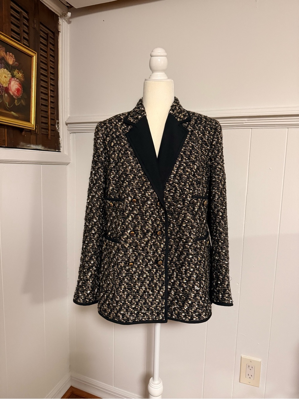 Talbots Petites 12P Tweed Boucle Blazer Black Gold Crest Buttons Wool Blend